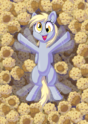 Size: 800x1131 | Tagged: safe, artist:snackish, artist:snacky-bites, derpy hooves, pegasus, pony, g4, female, happy, mare, muffin, snow angel, solo, that pony sure does love muffins