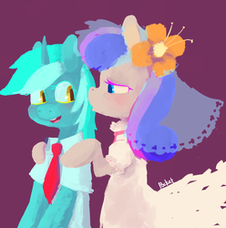 Size: 2629x2649 | Tagged: dead source, safe, artist:berrydrops, bon bon, lyra heartstrings, sweetie drops, earth pony, pony, unicorn, g4, clothes, dress, female, lesbian, mare, necktie, ship:lyrabon, shipping, wedding dress