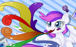 Size: 1600x1000 | Tagged: source needed, safe, artist:lustrous-dreams, oc, oc only, oc:blank canvas, pegasus, pony, bronycon mascots, mouth hold, paint, paint on feathers, paint on fur, paintbrush, solo