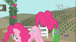 Size: 1280x720 | Tagged: safe, artist:dtkraus, edit, gummy, pinkie pie, alligator, earth pony, pony, g4, animated, balloonbutt, butt, butt shake, female, goddammit kraus, hub logo, looking at you, mare, plot, shake it like a polaroid picture, teasing, twiface, wrong neighborhood