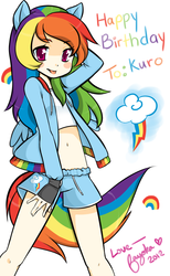 Size: 620x1005 | Tagged: dead source, safe, artist:shattered-legend, rainbow dash, human, g4, arm behind head, belly button, birthday, clothes, eared humanization, female, fingerless gloves, gloves, humanized, light skin, midriff, solo, tailed humanization, winged humanization