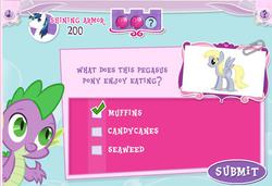 Size: 651x445 | Tagged: safe, derpy hooves, shining armor, spike, pegasus, pony, g4, equestrivia challenge, female, mare, muffin