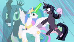 Size: 1280x720 | Tagged: safe, artist:advanceddefense, princess celestia, queen chrysalis, twilight sparkle, twilight unbound, g4, werelight shine