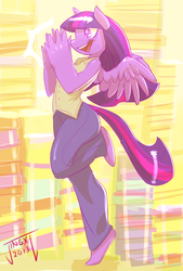 Size: 540x800 | Tagged: safe, artist:jingx1, twilight sparkle, alicorn, anthro, plantigrade anthro, g4, adorkable, barefoot, book, clapping, clothes, cute, dork, excited, feet, female, happy, hoof popping, nerdgasm, open mouth, raised leg, smiling, solo, spread wings, that pony sure does love books, twilight sparkle (alicorn), waistcoat, wingding eyes