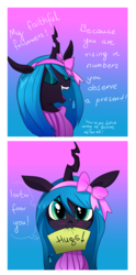 Size: 600x1209 | Tagged: safe, artist:jokerpony, queen chrysalis, ask teen chrysalis, g4, :3, bow, clothes, cute, cutealis, female, mouth hold, sign, solo, sweater, tumblr
