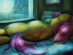 Size: 3000x2250 | Tagged: safe, artist:blindcoyote, babs seed, g4, bed, female, manehattan, sleeping, solo