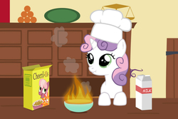 Size: 680x453 | Tagged: safe, artist:ohitison, edit, cheerilee, sweetie belle, earth pony, pony, unicorn, g4, cereal, cheerios, chef's hat, cooking, female, filly, fire, foal, food, hat, how, male, mare, milk, pyro belle, scrunchy face, simpsons did it, solo, sweetie belle can't cook, sweetie fail, sweetiedumb, the simpsons, toque