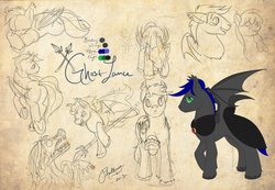 Size: 1280x886 | Tagged: safe, artist:phathusa, berry punch, berryshine, oc, oc:ghost lance, bat pony, pony, timber wolf, g4, blushing, lance, reference sheet, spear