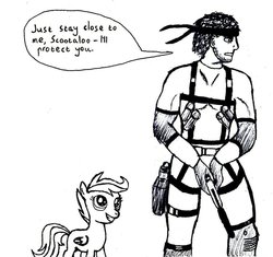 Size: 922x867 | Tagged: safe, artist:doctorspectrum, scootaloo, human, pegasus, pony, g4, crossover, konami, metal gear, metal gear solid, monochrome, solid snake