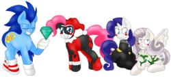 Size: 2453x1116 | Tagged: safe, artist:blackbewhite2k7, fluttershy, pinkie pie, rarity, oc, oc:sonic dash, g4, catwoman, chaos emerald, crossover, flutterbitch, harley quinn, parody, poison ivy, ponified, simple background, sonic the hedgehog, sonic the hedgehog (series), transparent background, vector