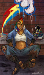 Size: 800x1350 | Tagged: safe, artist:mlpendlessnight, rainbow dash, human, g4, dark skin, dirty, feet, female, humanized, moderate dark skin, punk, solo, undercut