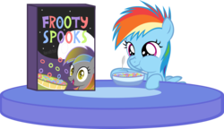 Size: 2222x1280 | Tagged: safe, artist:zacatron94, rainbow dash, bat pony, pegasus, pony, g4, breakfast, cereal, cute, dashabetes, female, filly, filly rainbow dash, simple background, slit pupils, solo, spoon, table, transparent background