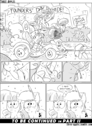 Size: 944x1294 | Tagged: safe, artist:capnpea, apple bloom, applejack, scootaloo, sweetie belle, twilight sparkle, alicorn, earth pony, pegasus, pony, unicorn, comic:three apples, g4, comic, crystal, female, filly, mare, monochrome, parade, twilight sparkle (alicorn)