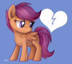 Size: 841x746 | Tagged: safe, artist:mn27, scootaloo, pegasus, pony, flight to the finish, g4, season 4, blank flank, blue background, female, filly, foal, heart, heartbreak, sad, signature, simple background, solo, spread wings, wings