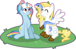 Size: 792x516 | Tagged: safe, artist:burzurk, oc, oc only, oc:chad, oc:cobalt tangle, oc:star stitches, oc:vega, pegasus, pony, rat, snake, unicorn, cute, dirty, eyes closed, grass, grin, looking up, pet, pet oc, sitting, smiling, spread wings