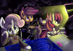Size: 4200x2968 | Tagged: safe, artist:fauxsquared, apple bloom, scootaloo, sweetie belle, g4, crossover, cutie mark crusaders, death star, grand moff, star wars