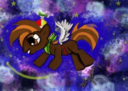 Size: 727x519 | Tagged: safe, artist:starlily77, button mash, earth pony, pony, g4, blank flank, colt, foal, hat, hooves, male, propeller hat, solo, teeth, traditional art