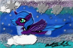 Size: 803x536 | Tagged: safe, artist:starlily77, princess luna, g4, cloud, cloudy, female, solo, traditional art