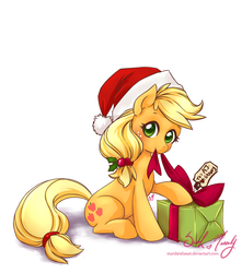 Size: 900x1016 | Tagged: safe, artist:starshinebeast, applejack, g4, female, hat, holly, looking at you, present, santa hat, sitting, solo