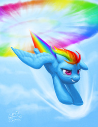 Size: 800x1035 | Tagged: safe, artist:dracontiar, rainbow dash, pegasus, pony, g4, female, flying, mare, sky, solo, sonic rainboom