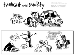 Size: 1600x1200 | Tagged: safe, artist:niban-destikim, night light, smarty pants, twilight sparkle, g4, boots, calvin and hobbes, car, clothes, comic, decapitated, dialogue, filly, impalement, monochrome, parody, scarf, severed head, snow, snowpony, twilight and smarty, younger