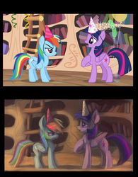 Size: 1679x2151 | Tagged: safe, artist:grissaecrim, screencap, rainbow dash, twilight sparkle, alicorn, pegasus, pony, daring don't, g4, balloon, book, duo, female, hat, ladder, library, mare, party hat, scene interpretation, screencap reference, twilight sparkle (alicorn)