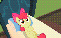 Size: 572x358 | Tagged: safe, screencap, apple bloom, scootaloo, earth pony, pony, family appreciation day, g4, animated, bed, blanket, duo, eyes closed, female, floppy ears, frown, grin, gritted teeth, head rub, on back, petting, pillow, sheet, smiling, talking