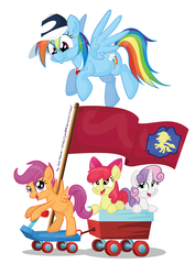 Size: 1253x1772 | Tagged: safe, artist:jcosneverexisted, apple bloom, rainbow dash, scootaloo, sweetie belle, flight to the finish, g4, cutie mark crusaders, scooter, wagon