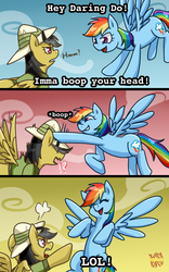 Size: 500x800 | Tagged: safe, artist:norang94, daring do, rainbow dash, pegasus, pony, g4, angry, boop, comic, dialogue, female, flying, hat, lol, mare, meme, parody
