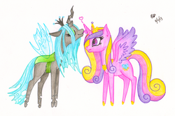 Size: 2621x1737 | Tagged: safe, artist:roxychick0419, princess cadance, queen chrysalis, alicorn, changeling, changeling queen, pony, g4, female, heart, lesbian, ship:cadalis, traditional art