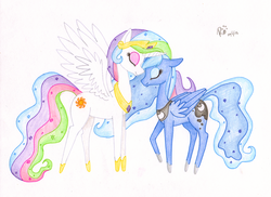 Size: 2757x2005 | Tagged: safe, artist:roxychick0419, princess celestia, princess luna, g4, traditional art