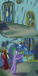 Size: 1280x2560 | Tagged: safe, artist:fuzebox, spike, oc, oc:mangle, oc:sharp, oc:snort, dragon, g4, bars, cage, cave, cell, comic, fire, male, older, older spike, prison, spike's journey, teenage spike, teenaged dragon, teenager