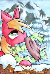 Size: 5757x8453 | Tagged: safe, artist:devotedfan012, big macintosh, earth pony, pony, g4, absurd resolution, accessory swap, apple bloom's bow, applejack's hat, clothes, fence, hat, male, mountain, mouth hold, scarf, snow, solo, stallion, tree