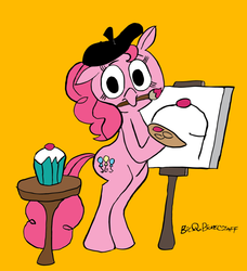 Size: 800x879 | Tagged: safe, artist:bickcomixx, pinkie pie, pony, g4, beret, bipedal, easel, female, mouth hold, paintbrush, painting, solo