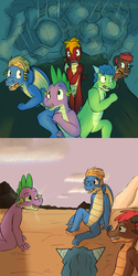 Size: 1280x2560 | Tagged: safe, artist:fuzebox, spike, oc, oc:magma, oc:sharp, oc:snort, dragon, g4, cave, collapse, comic, happy, male, older, outdoors, relief, running, sitting, spike's journey, sunrise, teenage spike, teenaged dragon, teenager, tunnel