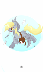 Size: 480x800 | Tagged: safe, artist:kubota, derpy hooves, pegasus, pony, g4, bag, female, flying, letter, mail, mailbag, mailmare, mailpony, mare, pixiv, solo