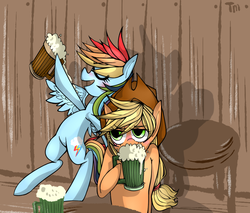 Size: 880x750 | Tagged: safe, artist:tama real, applejack, rainbow dash, g4, blushing, cider, drunk, drunk aj, drunker dash, pixiv