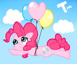 Size: 1000x830 | Tagged: safe, artist:tama real, pinkie pie, g4, balloon, female, flying, pixiv, solo, then watch her balloons lift her up to the sky