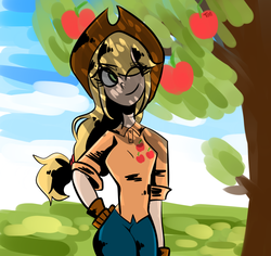 Size: 880x830 | Tagged: safe, artist:tama real, applejack, human, g4, dappled sunlight, female, humanized, light skin, one eye closed, pixiv, solo, tree