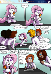 Size: 1276x1847 | Tagged: safe, artist:shieltar, philomena, princess celestia, oc, oc:grace harmony, human, phoenix, comic:birth of equestria, g4, cewestia, comic, cute, cutelestia, dialogue, filly, younger