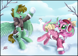 Size: 3547x2588 | Tagged: safe, artist:pridark, oc, oc only, oc:heavy metal, oc:precious metal, pony, bipedal, clothes, duo, snow, snowball, snowfall, snowpony, winter