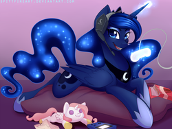 Size: 1600x1200 | Tagged: safe, artist:spittfireart, princess celestia, princess luna, pony, gamer luna, g4, cartographer's cap, concave belly, controller, doll, female, game boy, glowing horn, hat, headset, horn, jewelry, looking at you, lying down, magic, mare, open mouth, paper hat, plushie, pocky, regalia, slender, smiling, solo, telekinesis, thin