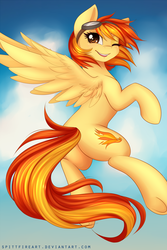 Size: 1600x2400 | Tagged: safe, artist:spittfireart, spitfire, pegasus, pony, g4, alternate hairstyle, cloud, cute, cutefire, female, goggles, looking at you, mare, one eye closed, smiling, smiling at you, solo, spread wings, underhoof, wings, wink, winking at you