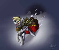 Size: 1280x1073 | Tagged: safe, artist:casynuf, derpy hooves, pegasus, pony, g4, clothes, female, mail, mare, scarf, sleigh, snow, solo
