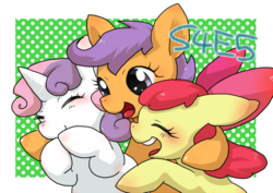 Size: 738x522 | Tagged: safe, artist:sa_eku, apple bloom, scootaloo, sweetie belle, earth pony, pony, flight to the finish, g4, abstract background, adorabloom, blushing, cute, cutealoo, cutie mark crusaders, diasweetes, eyes closed, female, filly, open mouth, pixiv