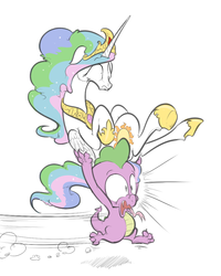 Size: 800x1000 | Tagged: safe, artist:keentao, princess celestia, spike, g4, frown, open mouth, running, scared, wide eyes