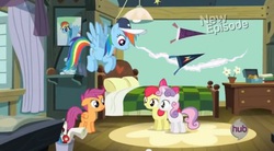 Size: 639x353 | Tagged: safe, screencap, apple bloom, rainbow dash, scootaloo, sweetie belle, pony, flight to the finish, g4, bedroom, coach rainbow dash, cracks in the universe, doctor who, hilarious in hindsight, hub logo, scootaloo's house