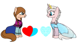 Size: 900x545 | Tagged: safe, artist:karmadash, earth pony, pony, unicorn, anna, clothes, disney, dress, elsa, eye contact, frozen (movie), grin, heart, ponified, simple background, sitting, smiling, transparent background