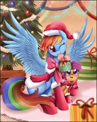 Size: 3278x4143 | Tagged: safe, artist:pridark, rainbow dash, scootaloo, pegasus, pony, g4, christmas, christmas tree, clothes, cute, female, filly, hat, mare, present, pridark is trying to murder us, santa costume, santa hat, scootalove, tree