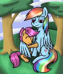 Size: 1944x2273 | Tagged: dead source, safe, artist:artsygum, rainbow dash, scootaloo, pegasus, pony, g4, chest fluff, cloud, eyes closed, female, filly, foal, hug, lidded eyes, mare, scootalove, sitting, sky, tree, winghug